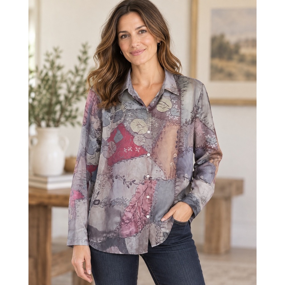 OUFISUN Women XL Multicolor Patchwork Print Button Up Shirt Art to Wear Boho 554